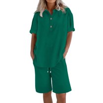 Pyhlmscde Womens Daily Casual Solid Short Sleeve V Neck Shirt Tops Pockets Elastic Waist Pants Shirt Trousers Set, Linen Shorts Set for Women, Linen Short Sets, Piece Sets Summer Dressy