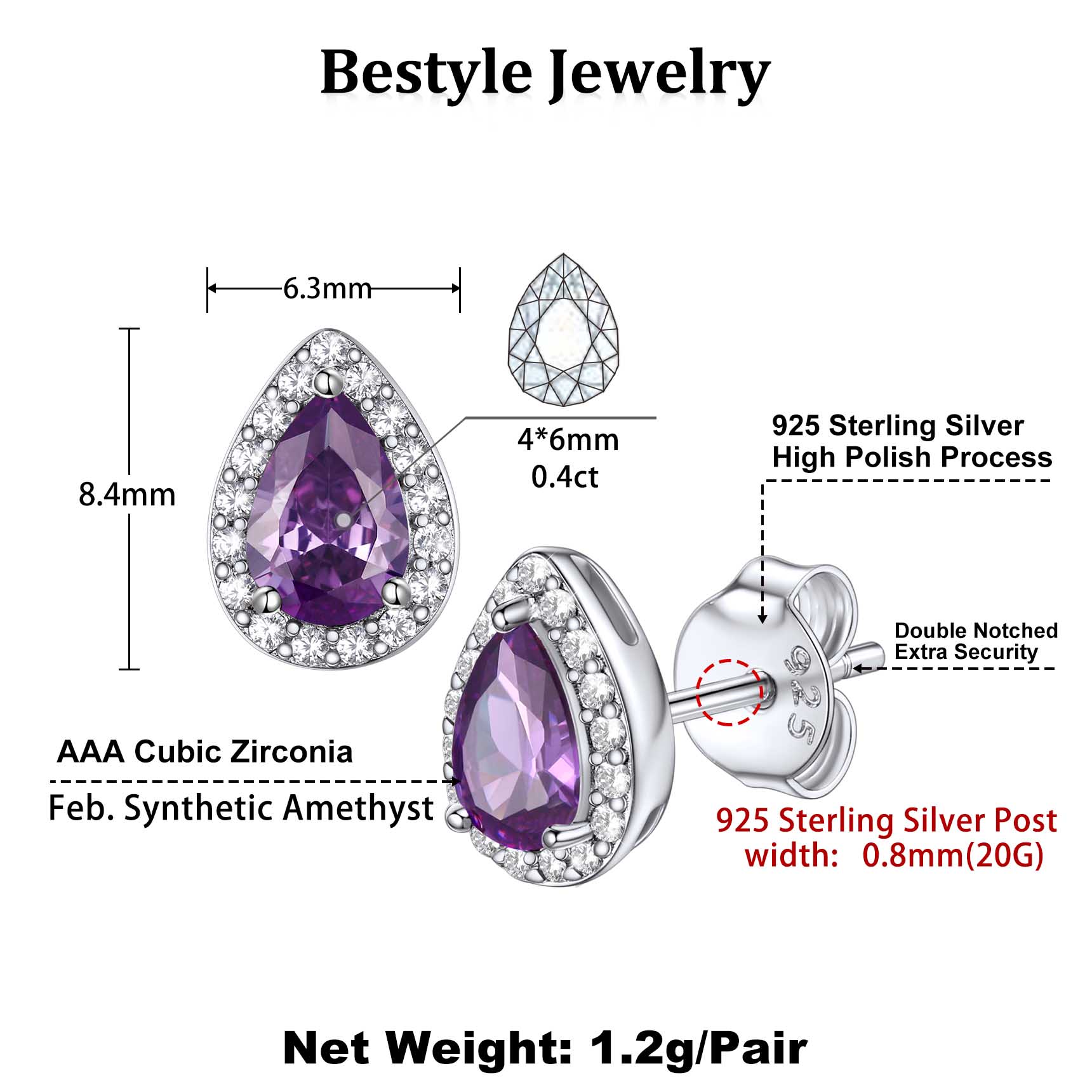 Bestyle 925 Sterling Silver February Birthstone Stud Earrings photo 7