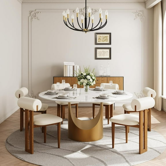 60" Round Dining Table, Modern Dining Table for 6, Glossy White Sintered Stone Kitchen Table Top with Bronze Carbon Steel Pedestal for Dining Room (Table Only)