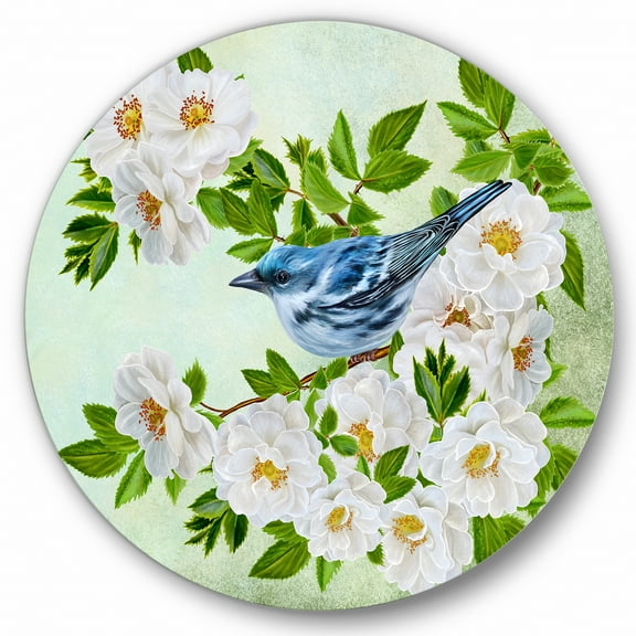 Designart 'Little Blue Bird Sitting On A Branch of White Rose Plant' Traditional Circle Metal Wall Art 36x36 - Disc of 36