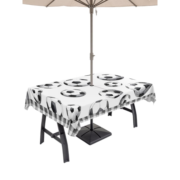 Outdoor Tablecloth with Umbrella Hole for Patio/Picnic/Party/Camping, Football Sports Waterproof Table Cloth Rectangle Table Cover Washable, Modern Balls Black White Checkered (60"x 102")