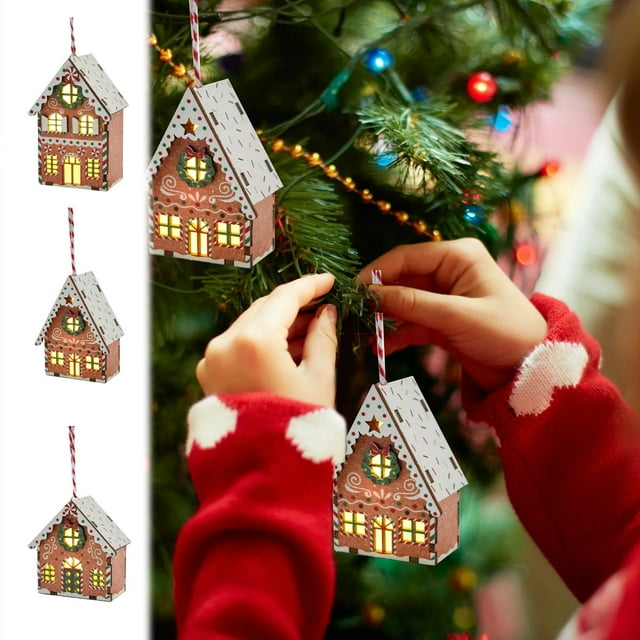 Fiudx Colgante Navideño de Madera, Diseño de Casita Iluminada, Efecto Brillante, Decoración para Árbol, Multifuncional para Oficinas y Tiendas, Regalo Festivo, Tamaño 7 X 7 X 4 Cm.