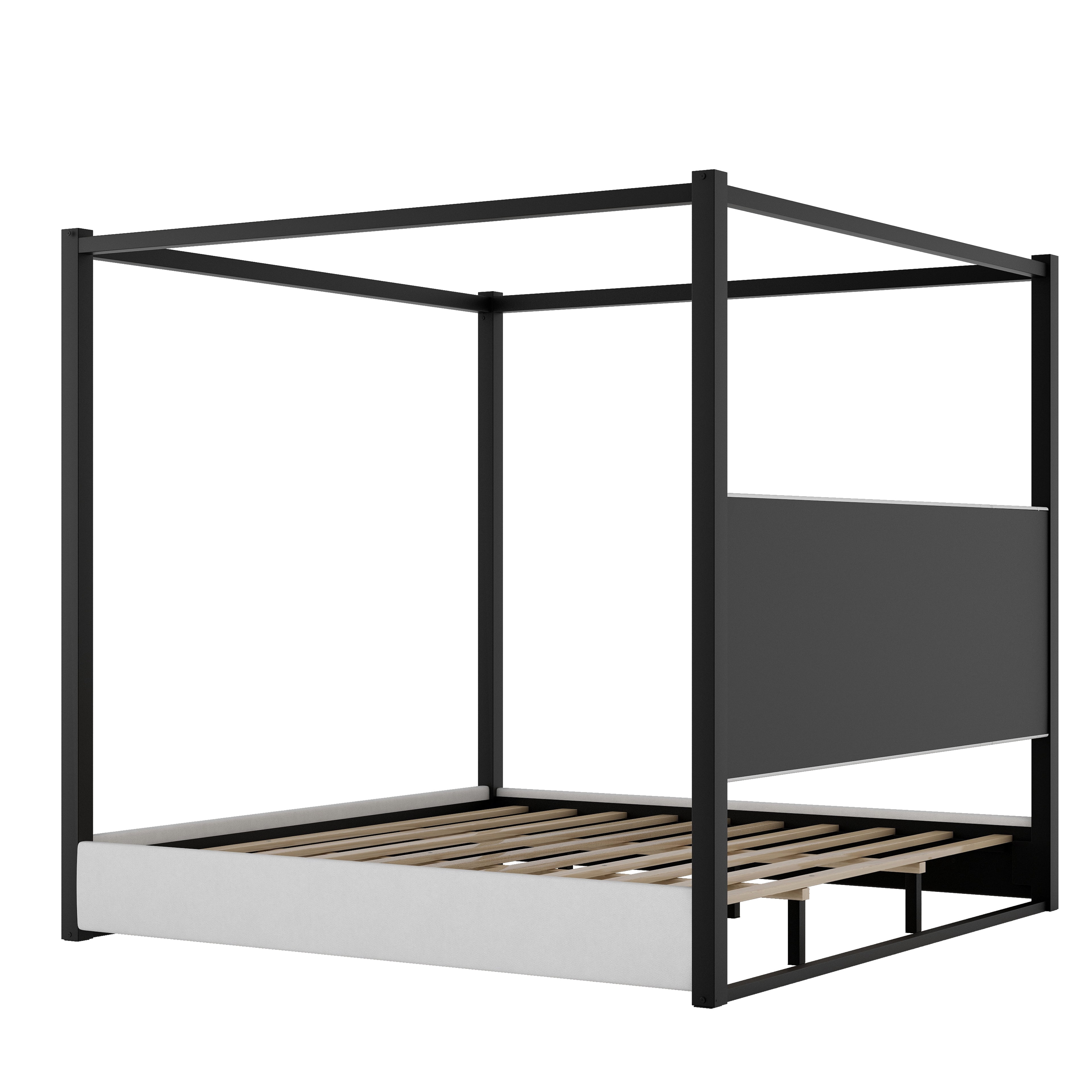 Euroco King Size Canopy Bed with Metal Frame and Upholstery Headboard, Black