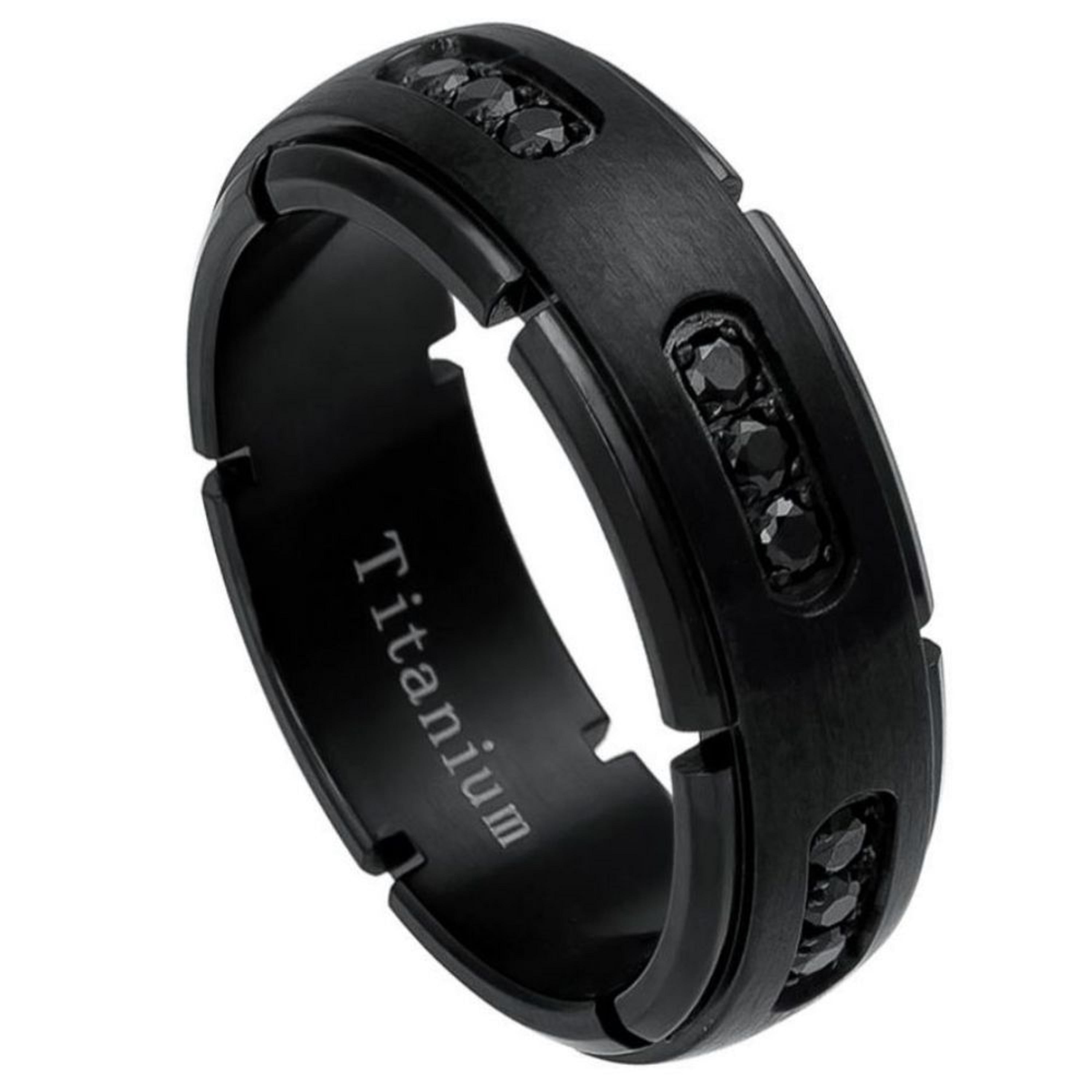 Comfort Fit Titanium 8mm Black IP 18 Black CZs Brushed Wedding Band Ring 6-15 