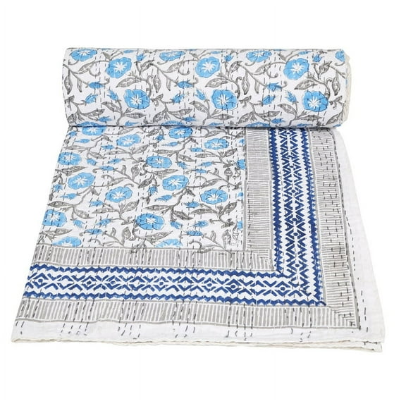 Indian Hand Black Floral Print Kantha Quilt Throw Blanket Bedspread Hand Block Single Size Cotton