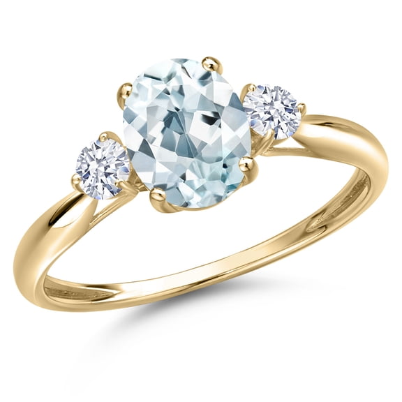 Gem Stone King 10K Yellow Gold Sky Blue Aquamarine and White Zirconia 3-Stone Ring for Women | 1.42 Cttw | Oval 8X6MM | Gemstone March Birthstone | Size 9
