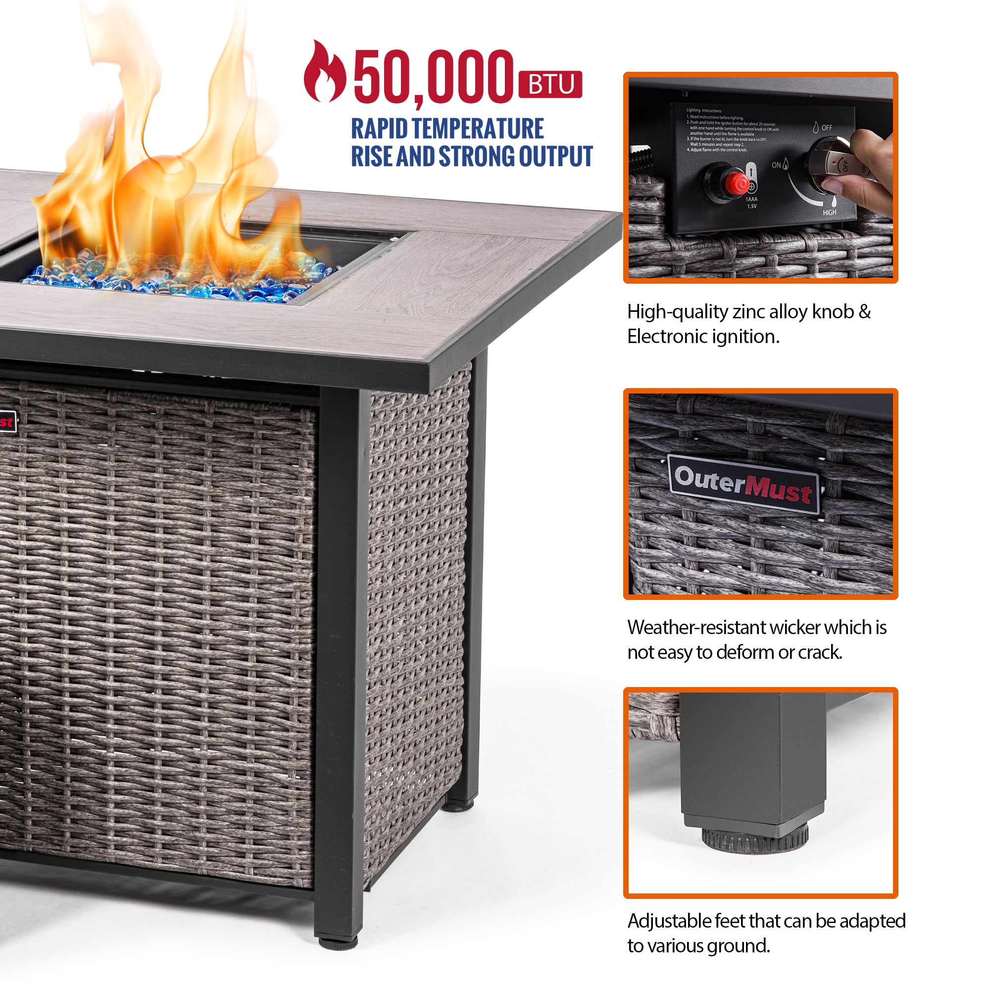 OuterMust 30"Propane Fire Pit Table, 50,000 BTU Electronic-Ignition Rattan Patio Gas Fire Pit with Lid & Blue Glass Bead, Outdoor Fireplace for Dining or Party