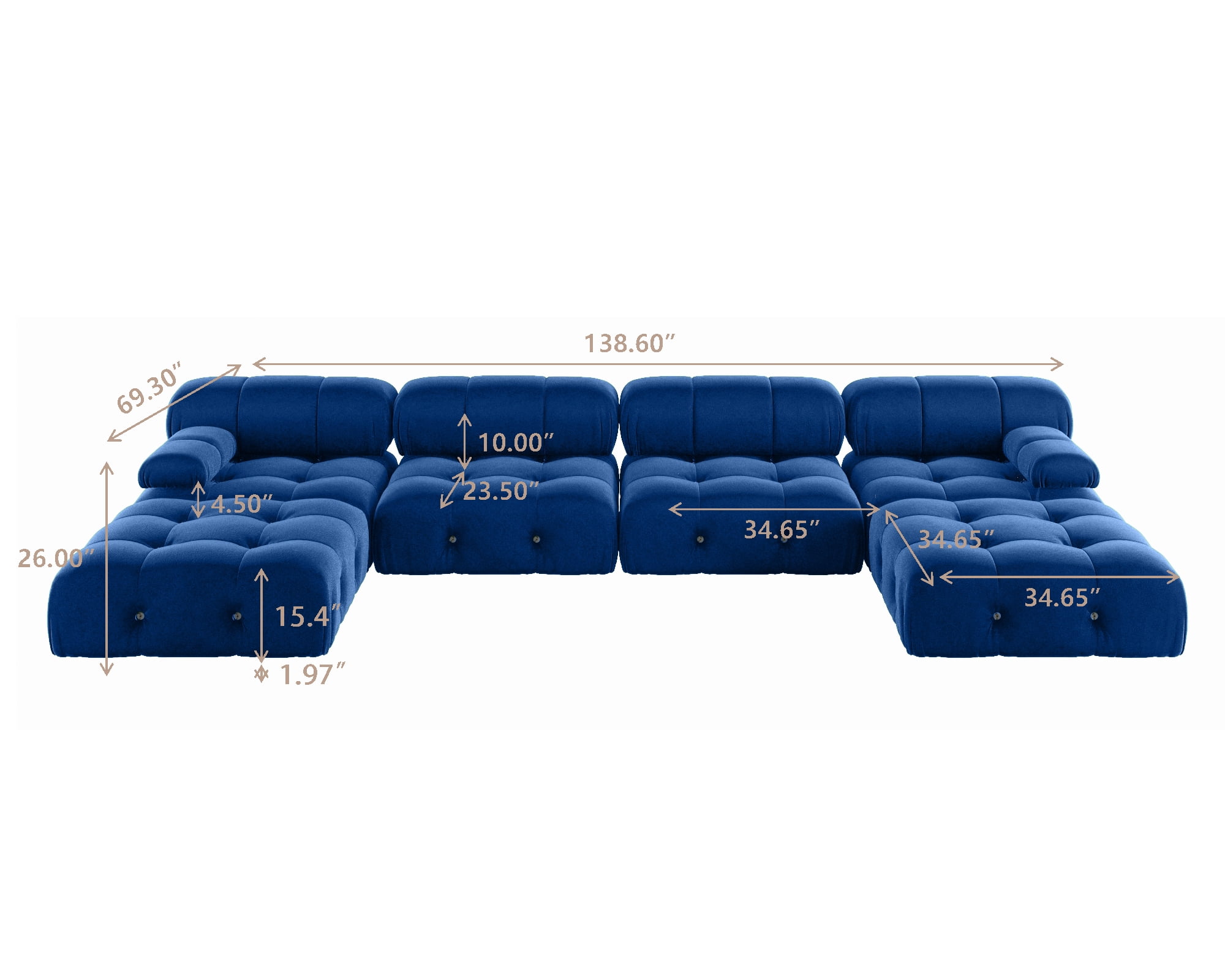 bokifol 139"Modular Sectional Sofa with Movable Ottomans for Living Room,6-Seat U Shaped Couch Sofa Set with Suede Fabric for Bedroom and Apartment,Blue