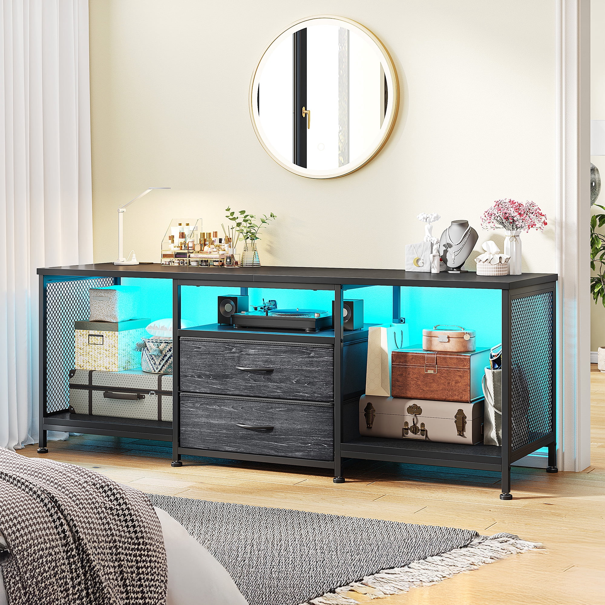Dresser with Power Outlets & LED Lights Dresser for Bedroom with 2 Drawers TV Stand with Open Storage Shelves,Black