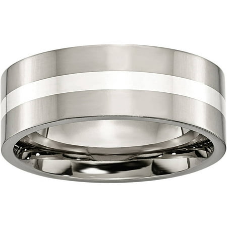 Primal Steel Titanium Sterling Silver Inlay Flat 8mm Polished Band