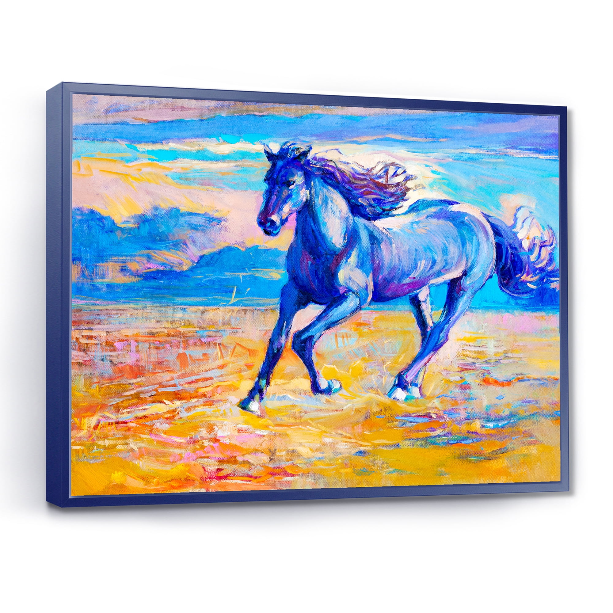 Abstract Blue Horse Galoping Over The Prairie 32 in x 16 in Framed Painting Canvas Art Print, by Designart