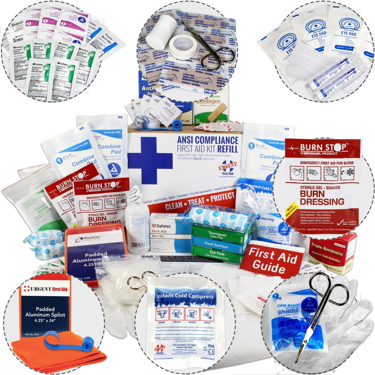 OSHA & ANSI First Aid Kit Refill / Upgrade, 50 Person, 196 Pieces, ANSI 2015 Class B - includes splint, tourniquet, tools, single dose and more
