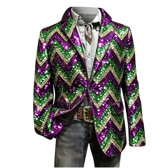 QSAWXQZ Men's Sparkly Sequin Tuxedo Jacket Graphic Print Long Sleeve Button Party Nightclub Blazer Stage Performance Cardigan Coat with Pockets 2XL
