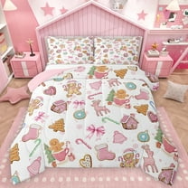 Homewish Merry Christmas Bedding Comforter Set,Cartoon Gingerbread House Twin Comforter Sets,Pink White Brown Bedding Set For Kids,Breathable Home Decor Reversible,2-Piece