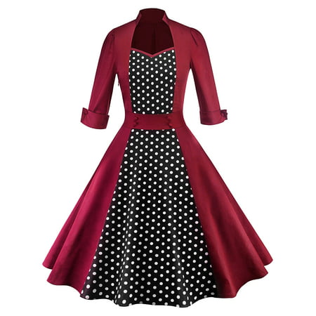 Women Polka Dot Swing 1950s Retro Housewife Pinup Vintage Rockabilly Party Dress Long Sleeve