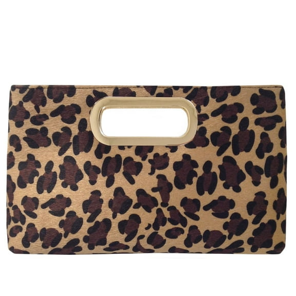 Top Handle Faux Fur Leopard Clutch