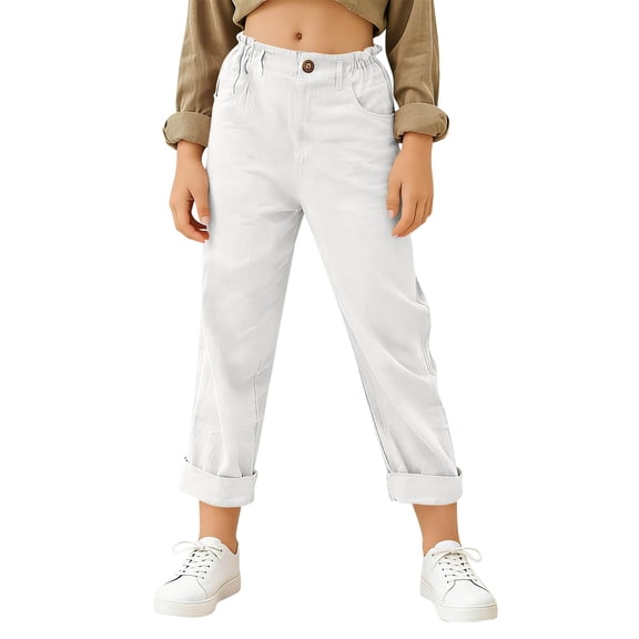 Kids Linen C𝐚pri Pants 2026 Summer Trendy Cropped Trouser Beach Casual Fashion Capris Clothes Straight Leg Loose Sweatpant