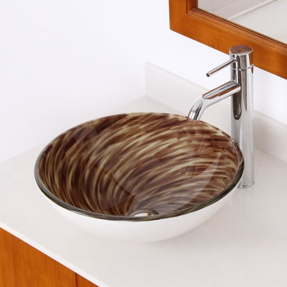 Elite Hand Painted Stirring Coffee Mix Pattern Tempered Glass Bathroom Vessel Sink with Chrome Pop-up Drain and Mounting Ring - 1401 P01008C
