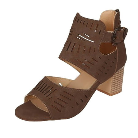 

YanHoo Clearance Womens Open Toe Chunky Heeled Sandals Ankle Strap Buckle Zipper Summer Fashion Pumps Sandals Faux Suede Cutout Office Party Dress Booties