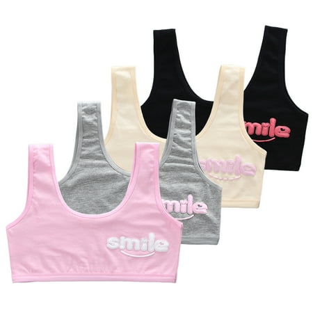 

LICHENGTAI 4pcs Girls Bra Students Cotton Vest Bra Full Cup Breathable Bra Adolescent Girls Aged 8-18 One Size Pink Grey Skin Color Black