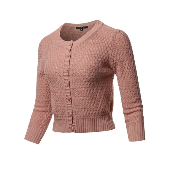 A2Y Women's Solid Cropped 3/4 Sleeve Button Down Crew Neck Knit Cardigan Sweater Peach Beige L