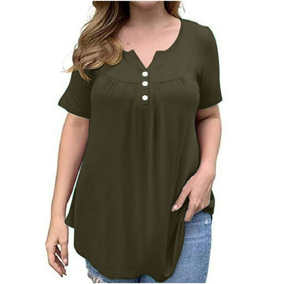 Mittory Women's Plus Size Henley Shirts Pleated Buttons Up Tunics Summer Short Sleeve Flowy Tops