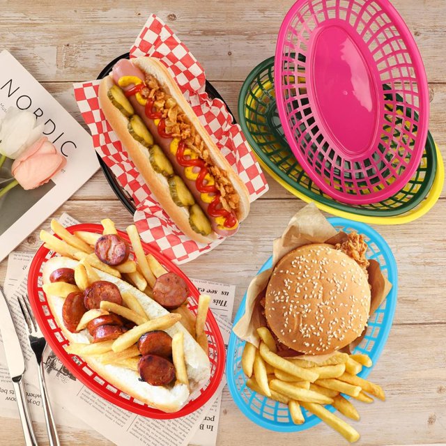 SUTENGDA Plastic Serving Trays Food Baskets for Serving Reusable Bread Baskets for Fast Food Restaurant Supplies Deli Serving Chicken Burgers Sandwiches & Fries(Coffee)