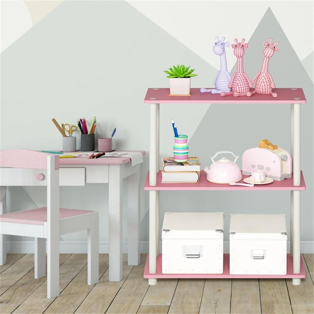 Furinno 23.6"W x 11.6"D x 29.5"H 3-Shelf Decorative Shelves, Pink and White