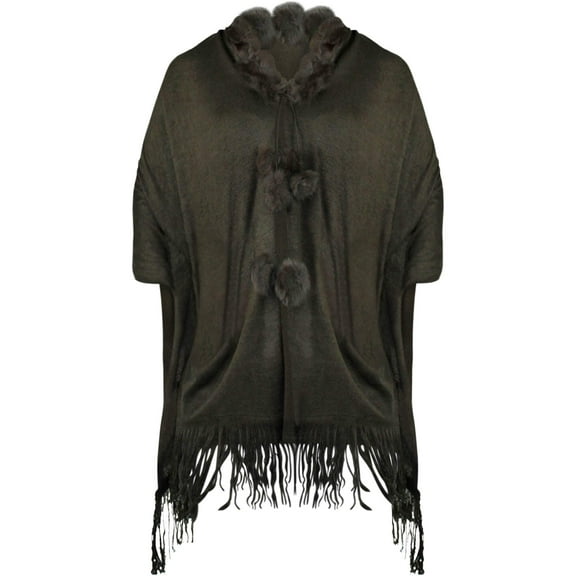 Brown Lightweight Knit Shawl With Faux Fur Collar