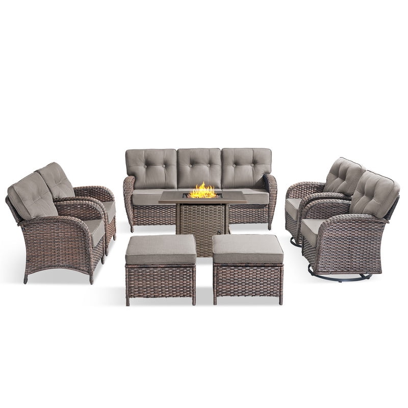 PARKWELL 8-Piece Outdoor Furniture Set with 30-Inch Propane Firepit - Rattan Cushioned Sofa and Wicker Swivel Glider Chairs,Outdoor Seating for Backyard Gatherings, Brown/Gray