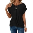 thumbnail image 3 of Feancey Twist Front Tops for Women Roll Up Cap Sleeve Waffle Knit Shirt Solid Color Crew Neck Summer Tees Comfy Loose Textured T-Shirts Black L, 3 of 7