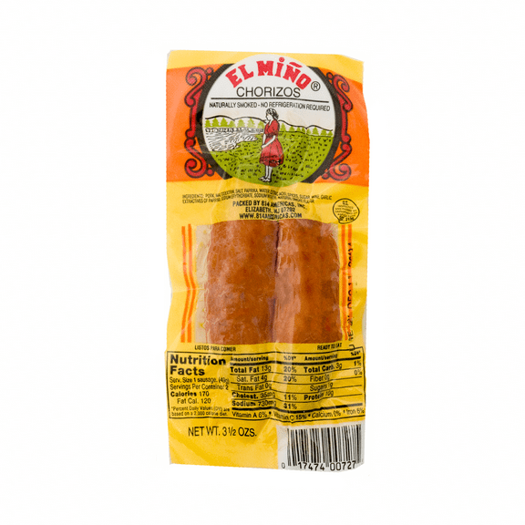El Mino Naturally Smoked Chorizo, 3.5 oz, 2 Count, Shelf Stable, Plastic Vacuum Pack, New