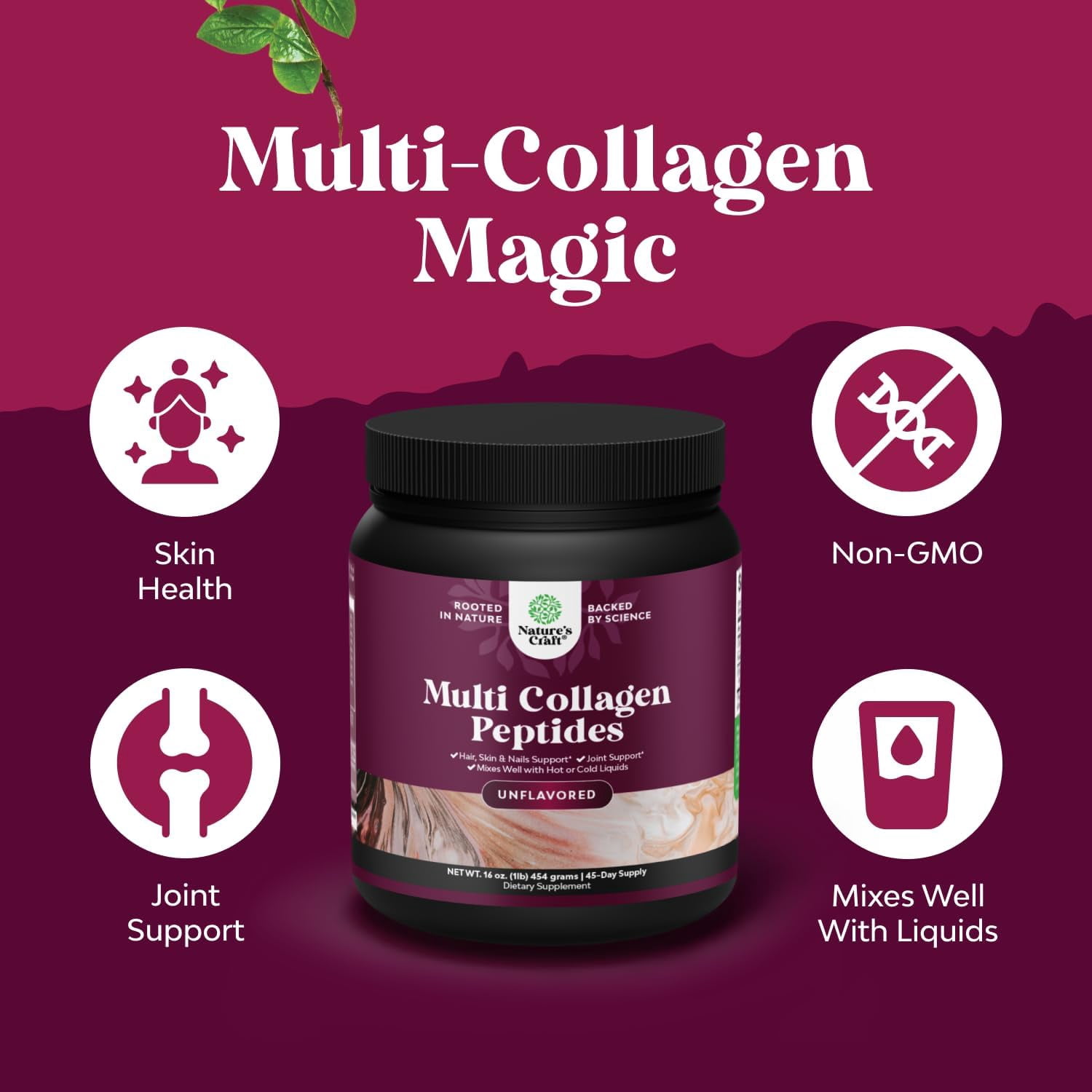 Natures Craft Multi Collagen Peptides, Hydrolyzed Protein Powder for Skin and Bone Joint Support, 1 lb