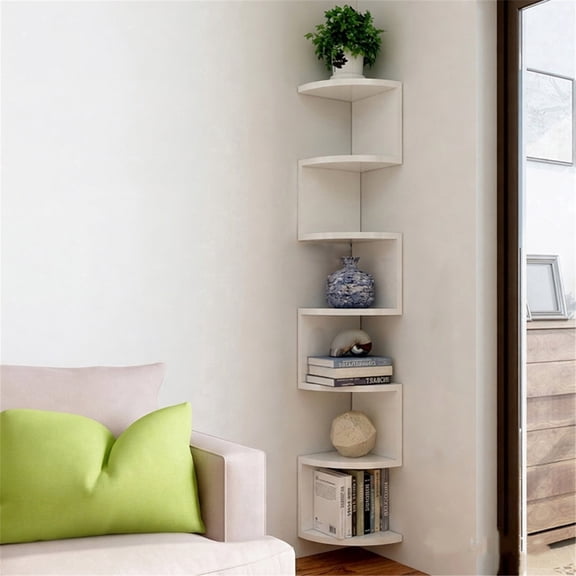 JUXIAO Wall‑Mounted Corner Shelf, 7‑Tier Corner Bookshelf, Plant Display Shelf for Living Room, Bedroom, Bathroom, Home Office, Kitchen, White