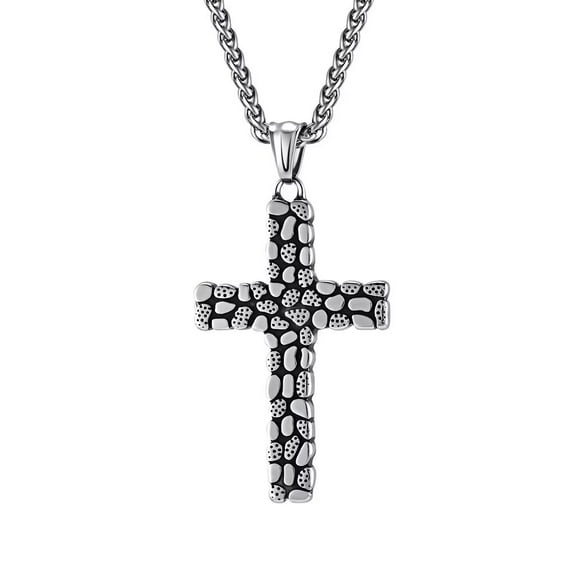 PAMTIER Unisex Stainless Steel Vintage Punk Hip Hop Pebbles Stone Lines Cross Pendant Amulet Crucifix Necklace Christian Jewelry Silver 23.6" Chain