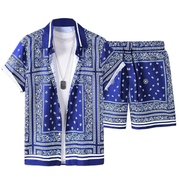 OOOUM Men All Over Print Outfits Lapel Short Sleeve Button Shirt Drawstring Elastic Waist Shorts Summer Beach Vacation Casual Outfit Blue M