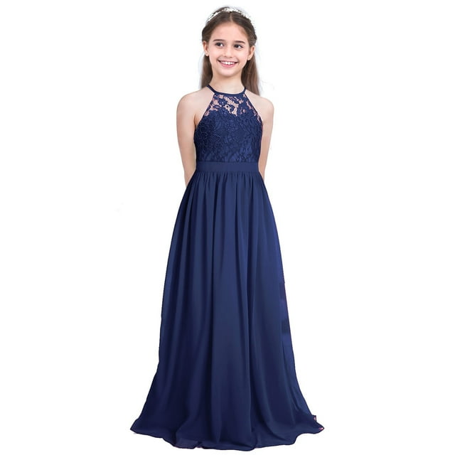 TiaoBug Robe Maxi Longue en Mousseline à Col Licou pour Filles Enfants, Fête, Junior, Mariage, Soirée, Bal, Bleu Marine 12