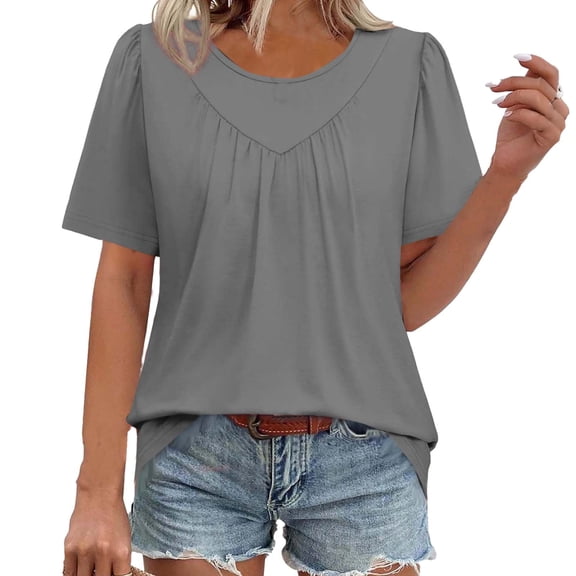 yillto Womens Summer Blouse Trendy Short Sleeve T Shirts Pleated Crewneck Tees Tops Dressy Casual Fashion Outfits