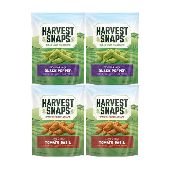 Harvest Snaps Veggie Chips 4 Count Multipack – Includes 2 Bags Black Pepper 3.3oz and 2 Bags Tomato Basil 3oz – Gluten Free, Plant-Based, Crunchy Healthy Snack