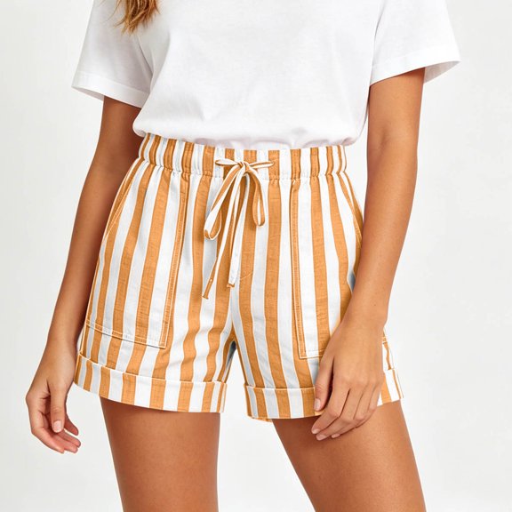 Utoimkio Women's Striped Casual Shorts Drawstring Elastic Waist Cuffed Hem Big Patch Pockets for Summer Daily Outfits
