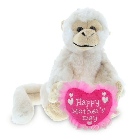 DolliBu Happy Mother's Day Super Soft Plush White Squirrel Monkey - Cute Stuffed Animal with Pink Heart Message for Best Mommy, Grandma, Wife, Daughter - Cute Wild Life Plush Toy Gift - 12.5" Inches