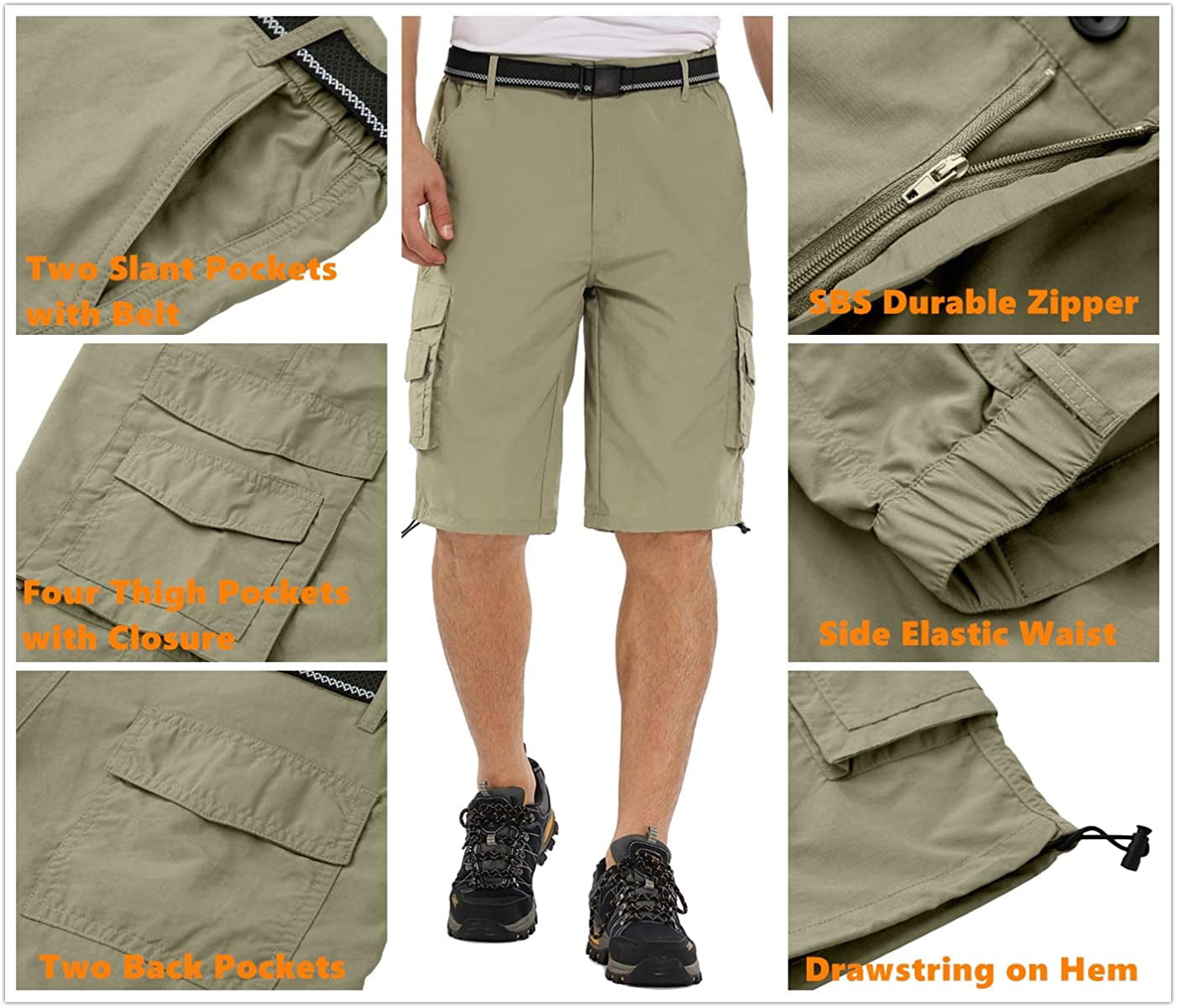 Mens Outdoor Casual Expandable Waist Lightweight Water Resistant Quick Dry Cargo Fishing Hiking Shorts