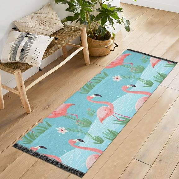 Ryvnso Flamingo Floral Bedroom Runner Rug 2'x6' Hallway Area Carpet Non Slip Entryway Mat with Tassels