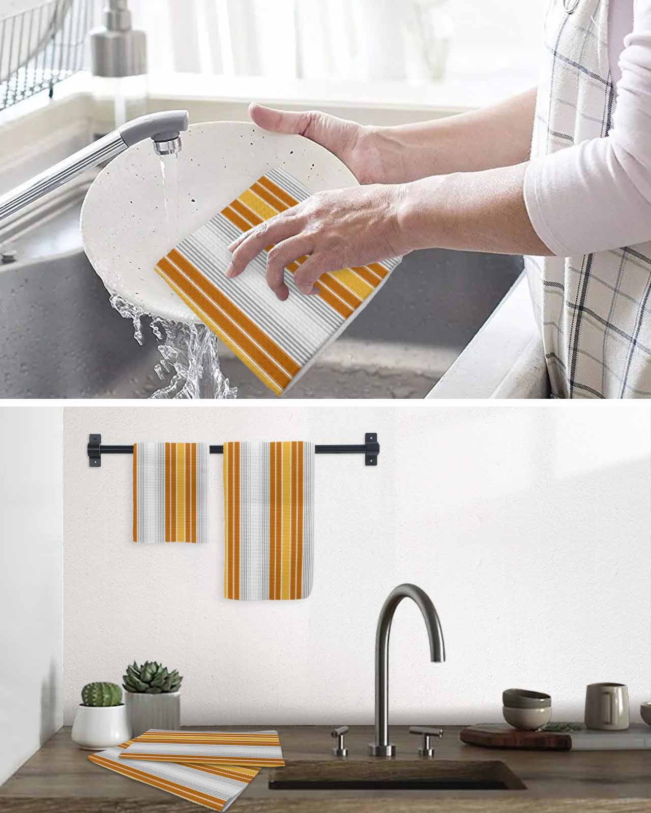 Orange Stripes Kitchen Dish Towels for Drying Dishes Set of 3, Modern Farmhouse Simple Vertical Lines Waffle Weave Microfiber Terry Hand Tea Bathroom Towels Quick Dry & Absorbent Towel 12x12