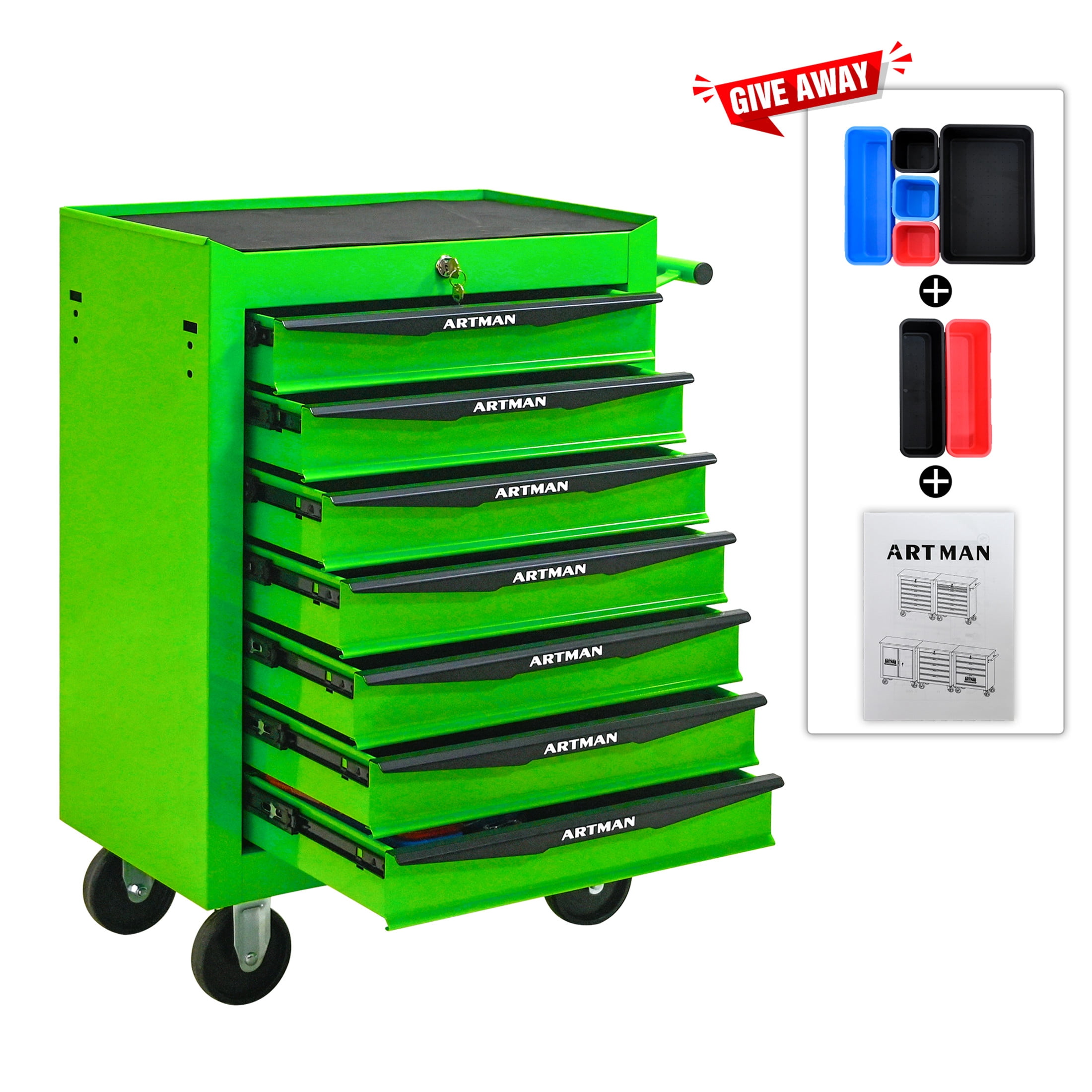Noble House 7-Drawer Mobile Steel Tool Organizer with Key Lock, Ball Bearing Slide Storage Cabinet Box, Green