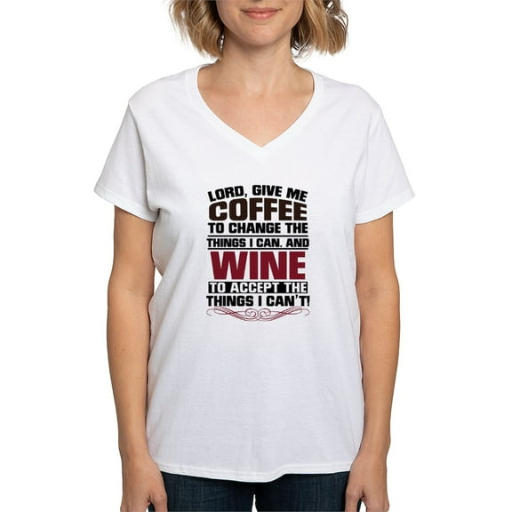 CafePress - Coffee And Wine Women's V Neck T Shirt - Womens Cotton V-Neck T-shirt