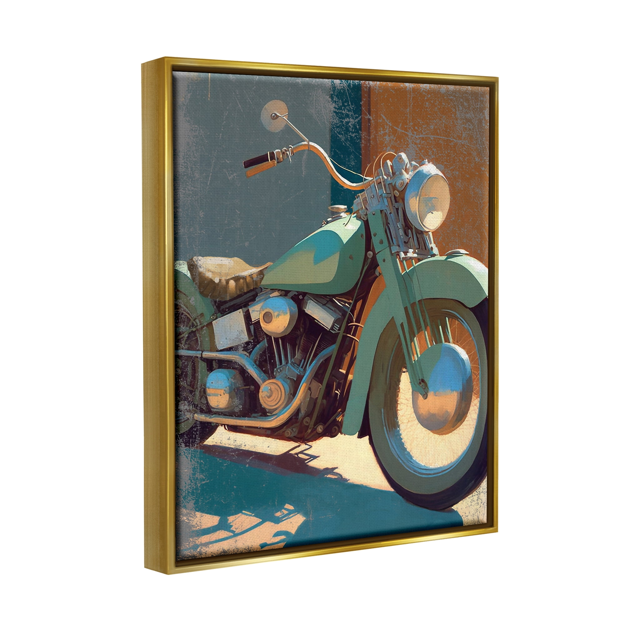 Stupell Industries Rustic Green Motorcycle Transportation Painting Gold Floater Framed Canvas Art Print Wall Art, 17 x 21