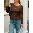 thumbnail image 5 of Women's Crewneck Long Sleeve Button Down Knit Cardigan Sweater  Brown M, 5 of 7