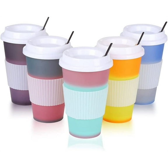 Reusable Color Changing Tumbler Coffee Cups -Duslogis 5Pcs 16oz Plastic Tumblers Cup with Lids For Hot Drink - Durable & Splash-Proof Water Travel Cup to Go Coffee Cup