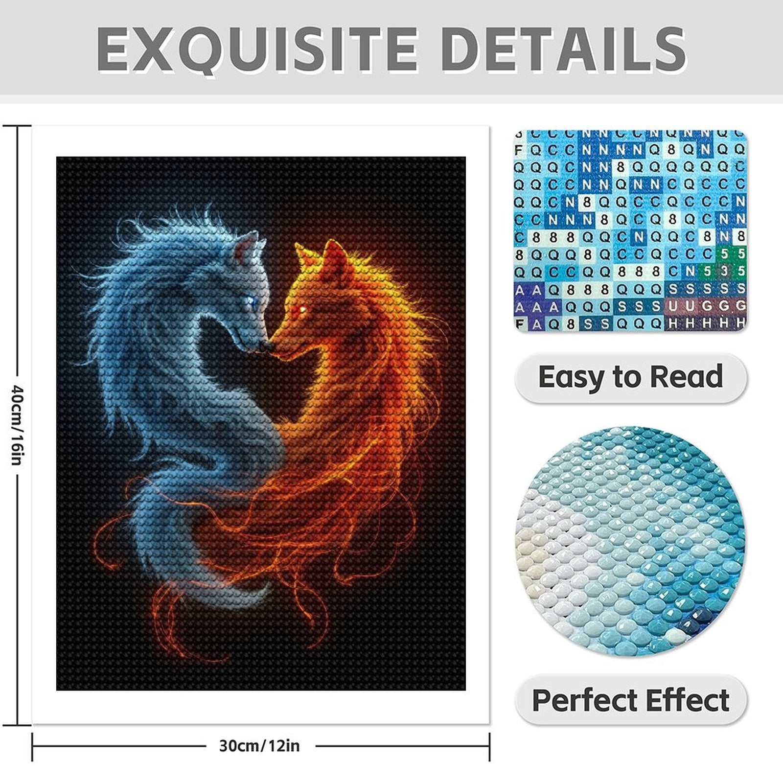 Diamond Art Kit for Adults, Ethereal Wolves Yin Yang Fire Ice Diamond Painting for Adults Beginners, DIY Diamond Art Painting Kits, 5D Diamond Painting Crafts for Home Decor 12x16 Frameless